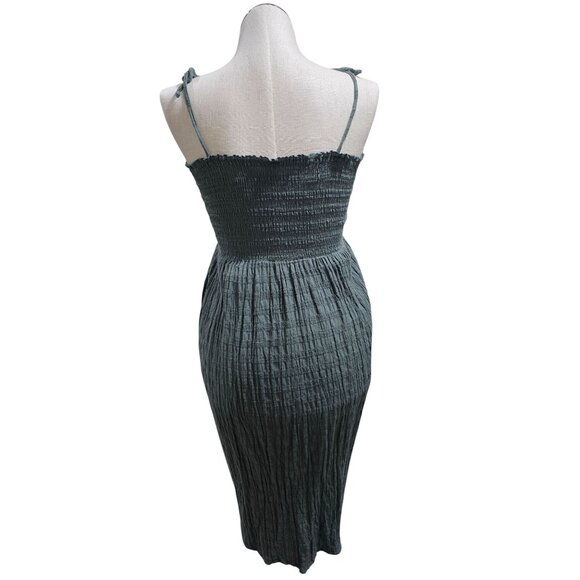 Aerie Green Smocked Midi Dress With Tie Straps & Button Front - Picture 6 of 8